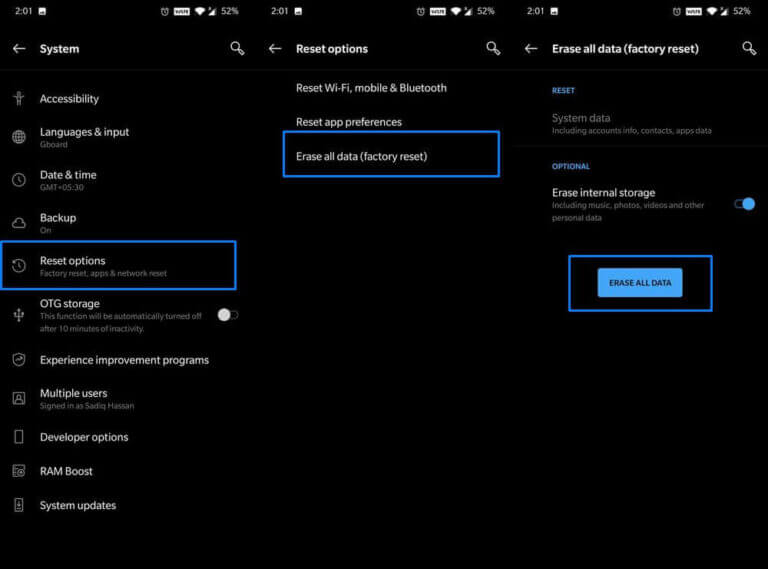 Effacer toutes les données (Réinitialisation d'usine)