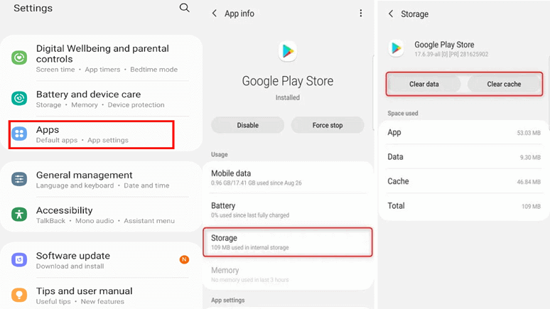 effacer le cache des Google Play Services et du Play Store