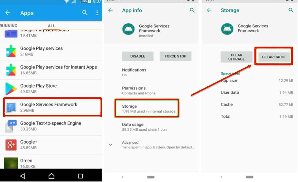 Effacer le cadre des services Google et le cache