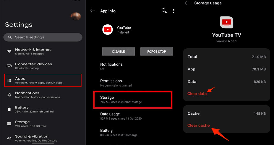 effacer le cache et les données YouTube