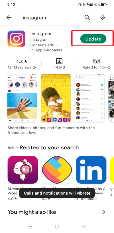 Instagram bobines Android ne pas fonctionnent