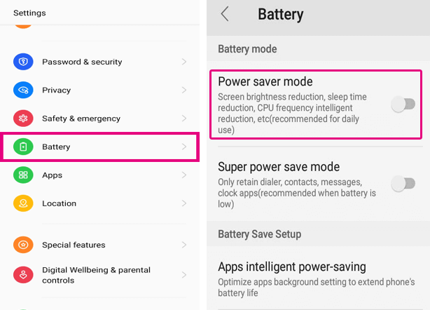désactivez l'économiseur de batterie sur votre téléphone